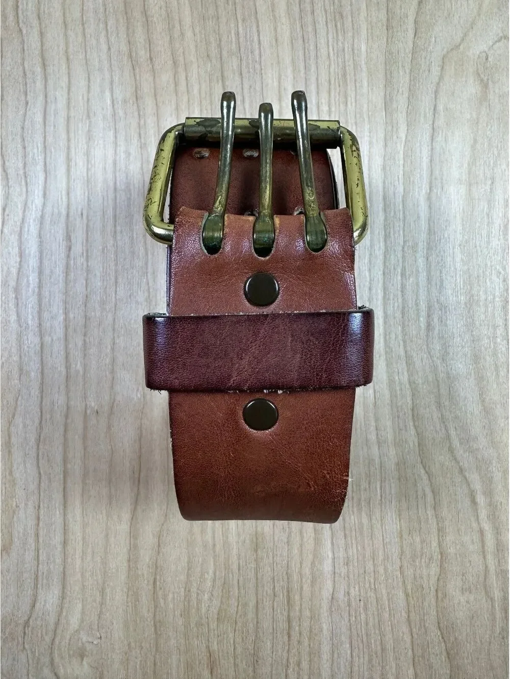 Vintage 80s Triple Prong Leather Belt heavy duty utility 1-7/8